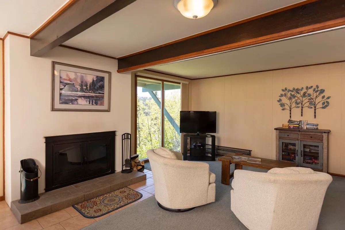 This image showcases a cozy living area featuring a fireplace, comfortable chairs, a television, and wall artwork. The ambiance is warm and inviting, ideal for relaxing, socializing, or unwinding after a day on the slopes.